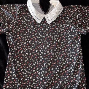 Faith and Joy Black Floral Blouse with White, Lace Collar, Size S